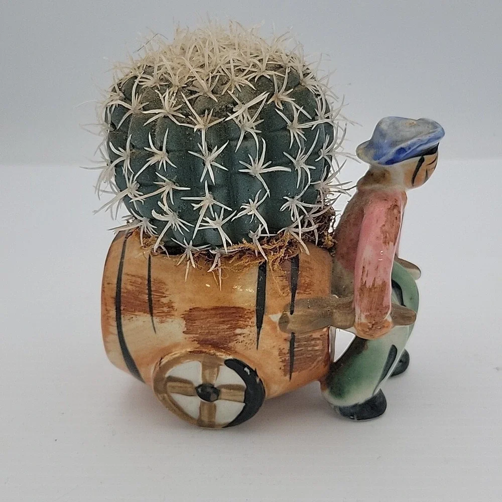 MINI FAKE FAUX PLANT POTS. CACTUS PLANTERS. Vintage Man Pulling Wagon